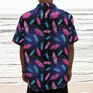 Native Feather Pattern Print Textured Short Sleeve Shirt