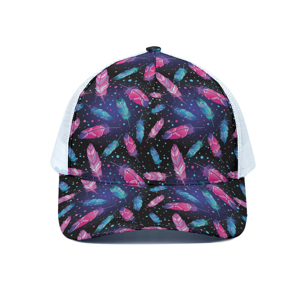 Native Feather Pattern Print White Mesh Trucker Cap