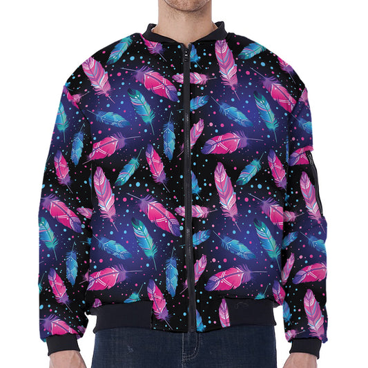 Native Feather Pattern Print Zip Sleeve Bomber Jacket