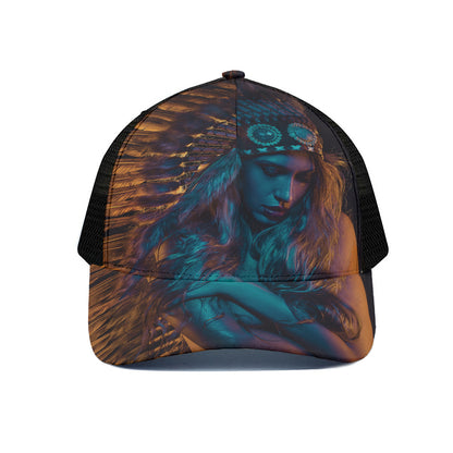 Native Indian Girl Portrait Print Black Mesh Trucker Cap