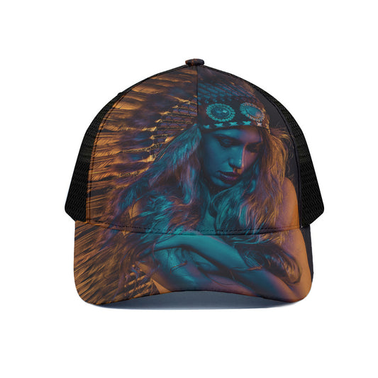 Native Indian Girl Portrait Print Black Mesh Trucker Cap