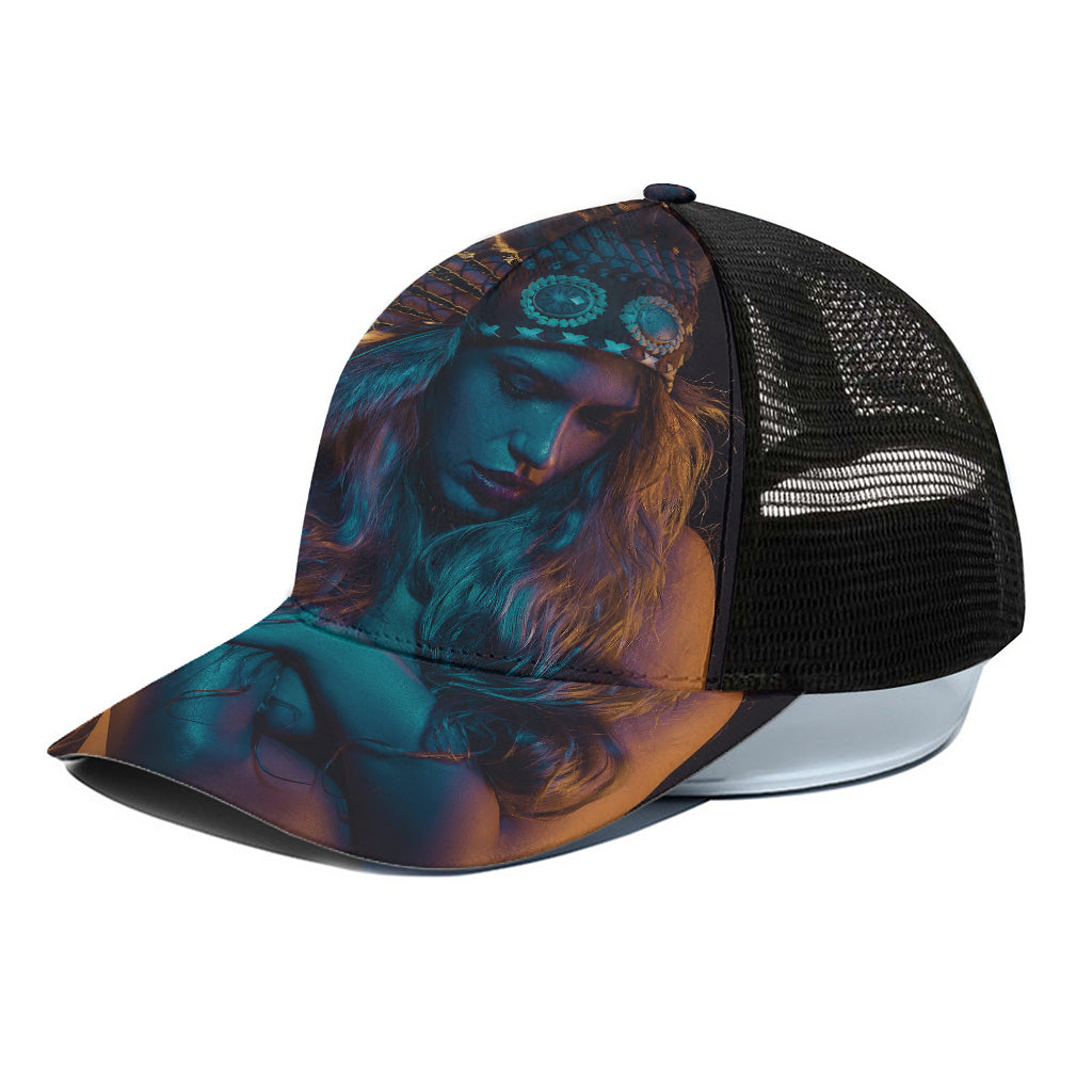 Native Indian Girl Portrait Print Black Mesh Trucker Cap