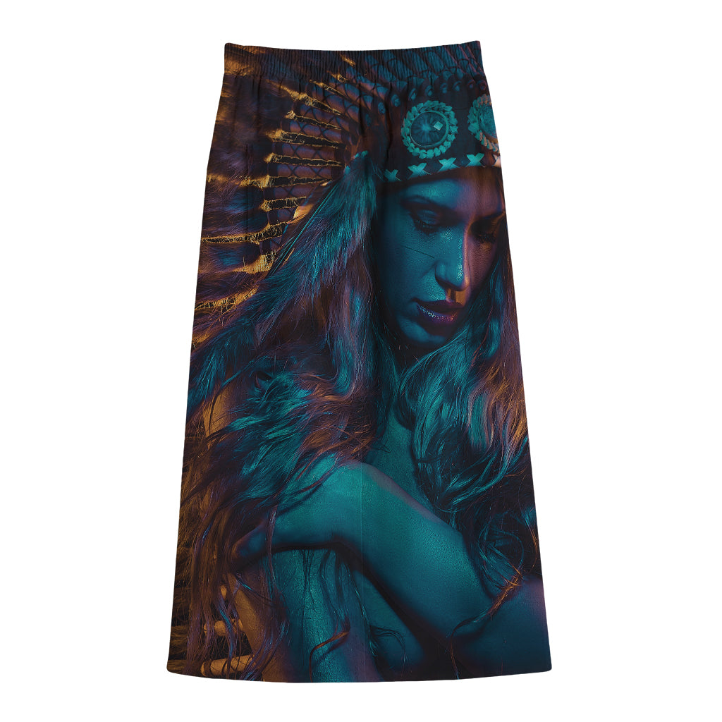 Native Indian Girl Portrait Print Cotton Front Slit Maxi Skirt