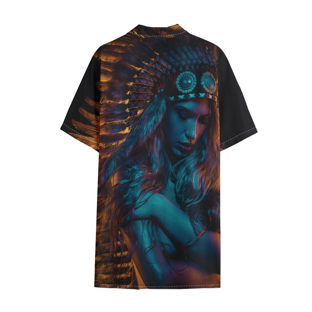 Native Indian Girl Portrait Print Cotton Hawaiian Shirt