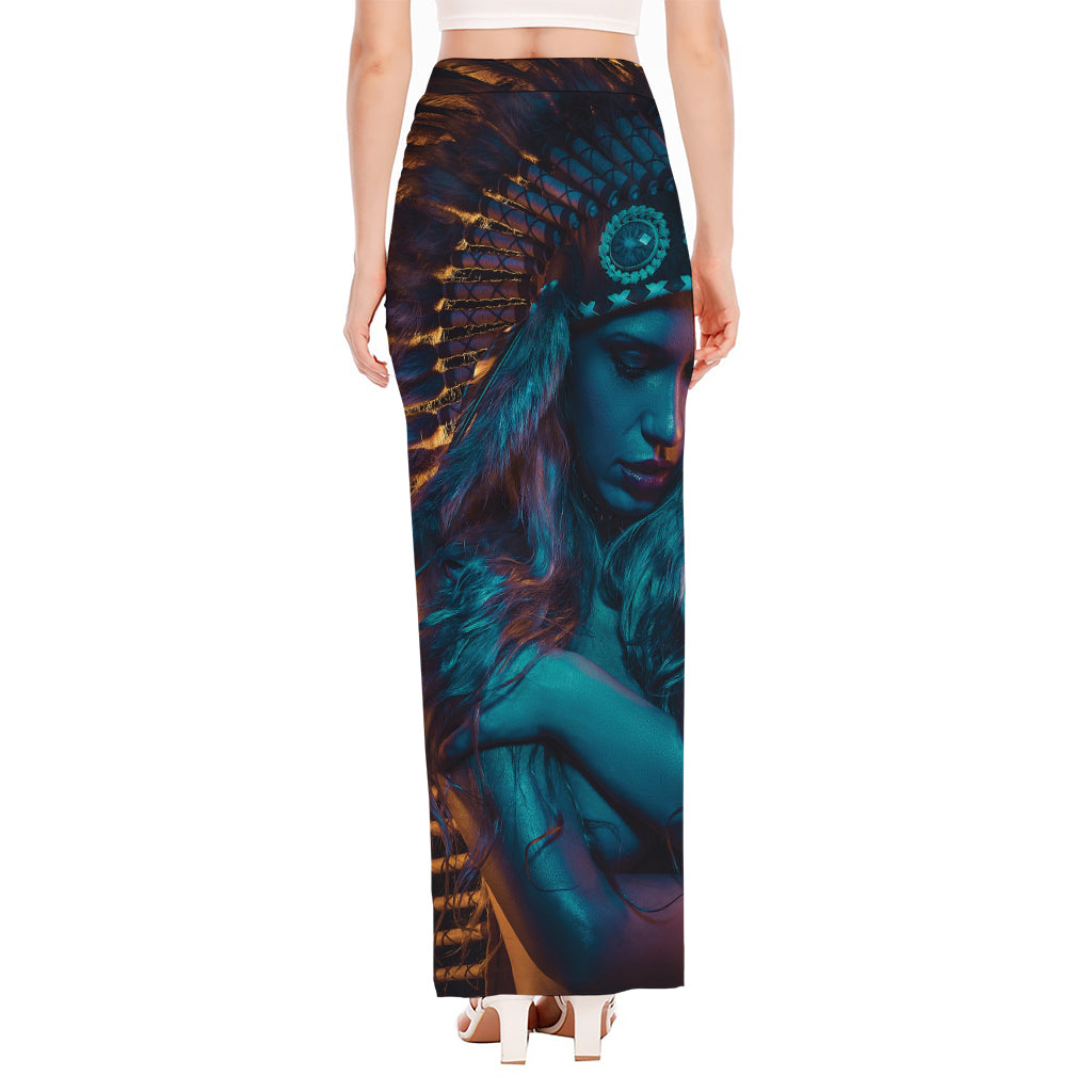 Native Indian Girl Portrait Print High Slit Maxi Skirt