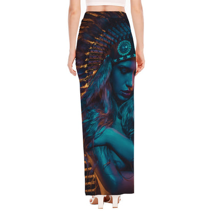 Native Indian Girl Portrait Print High Slit Maxi Skirt
