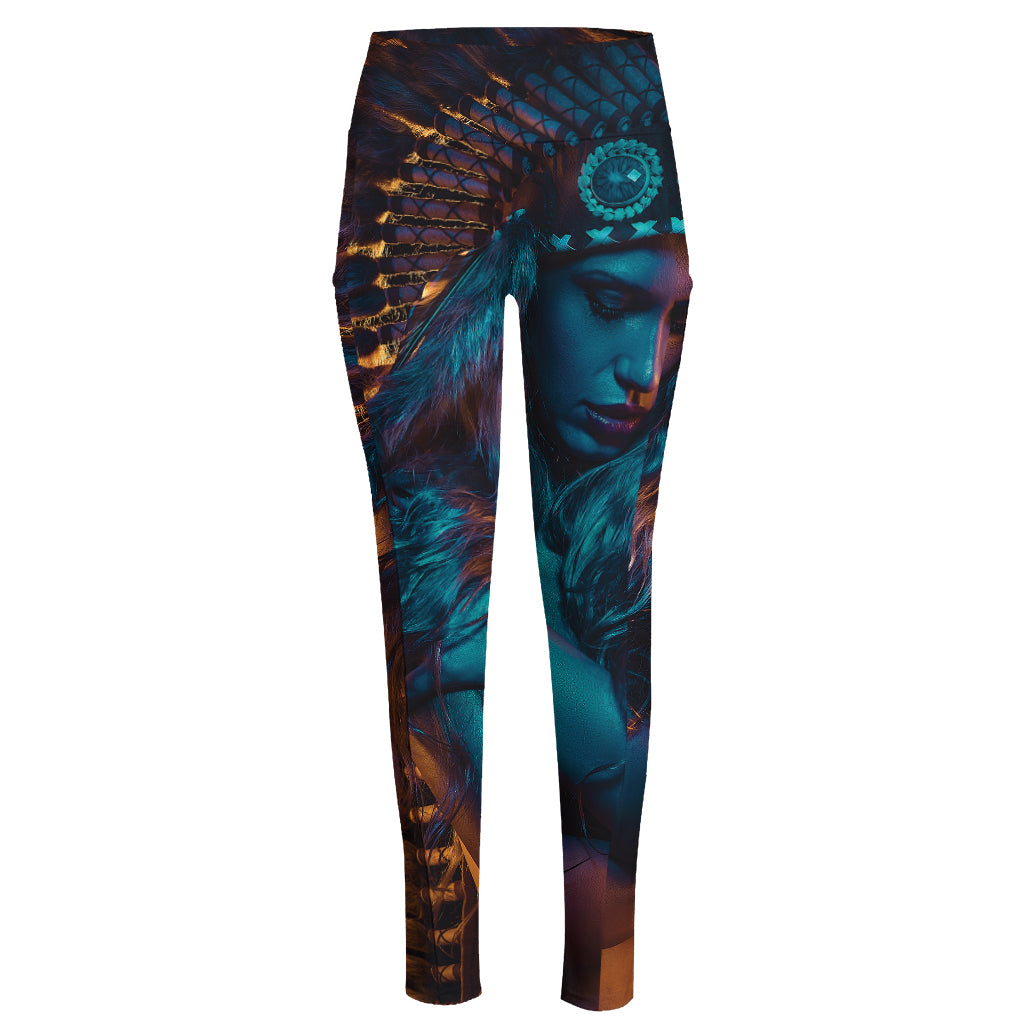 Native Indian Girl Portrait Print High-Waisted Pocket Leggings