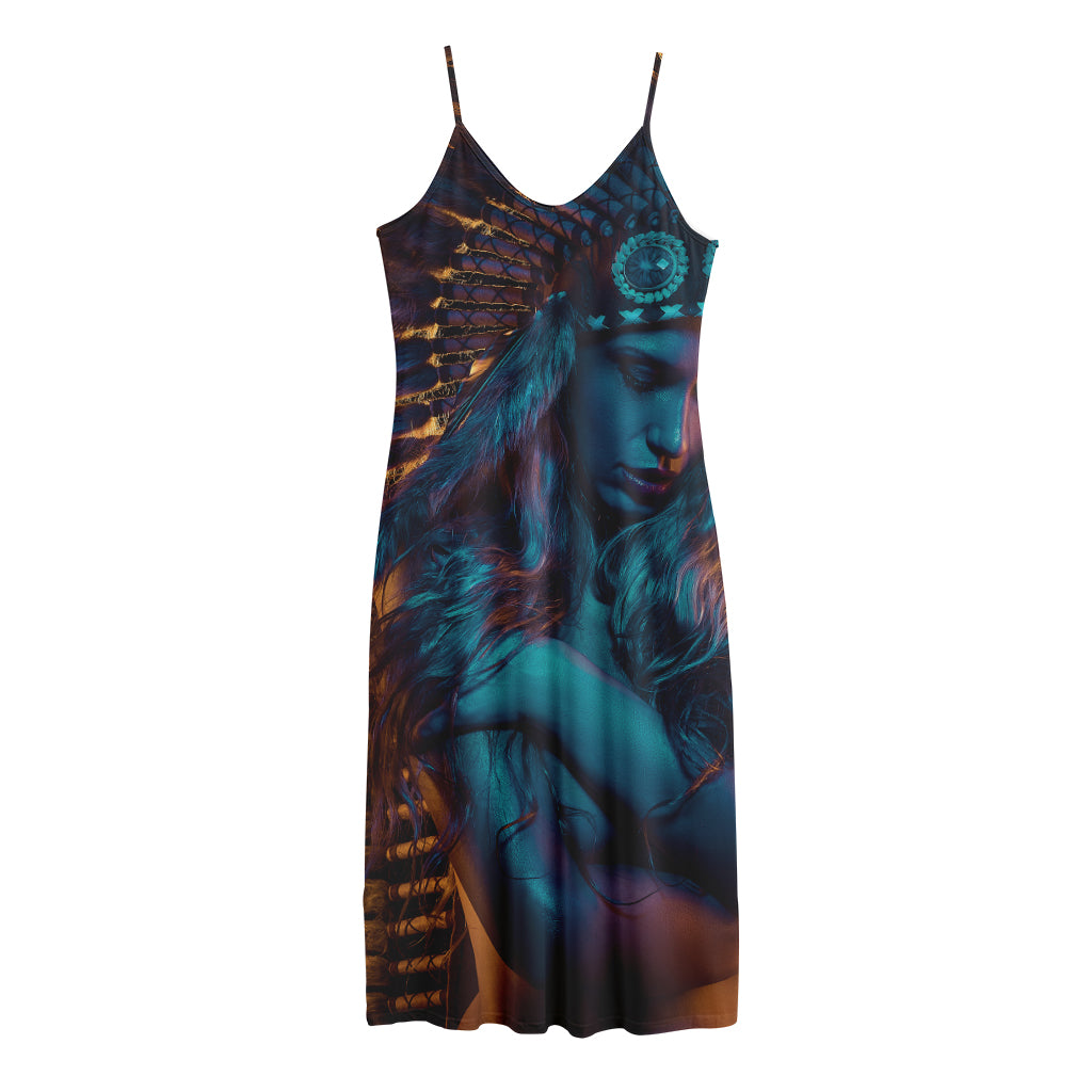Native Indian Girl Portrait Print Jersey Midi Cami Dress