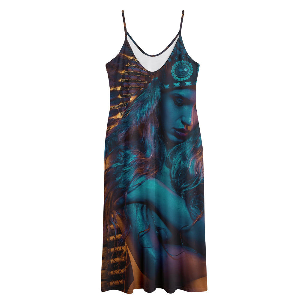 Native Indian Girl Portrait Print Jersey Midi Cami Dress
