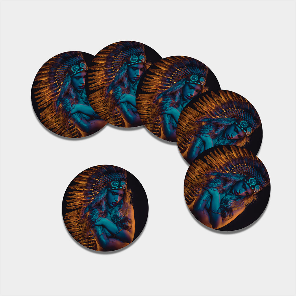 Native Indian Girl Portrait Print Leather Coaster Set