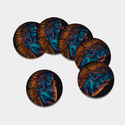 Native Indian Girl Portrait Print Leather Coaster Set