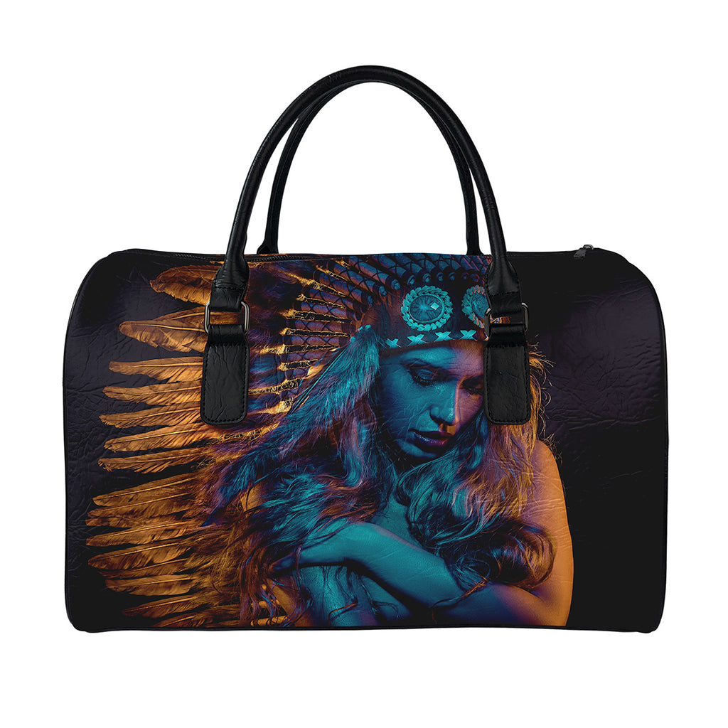 Native Indian Girl Portrait Print Leather Duffle Bag