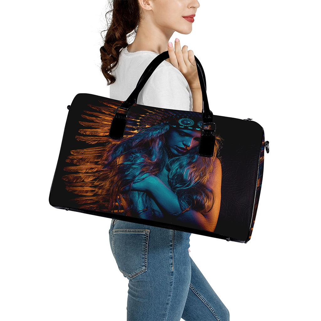 Native Indian Girl Portrait Print Leather Duffle Bag