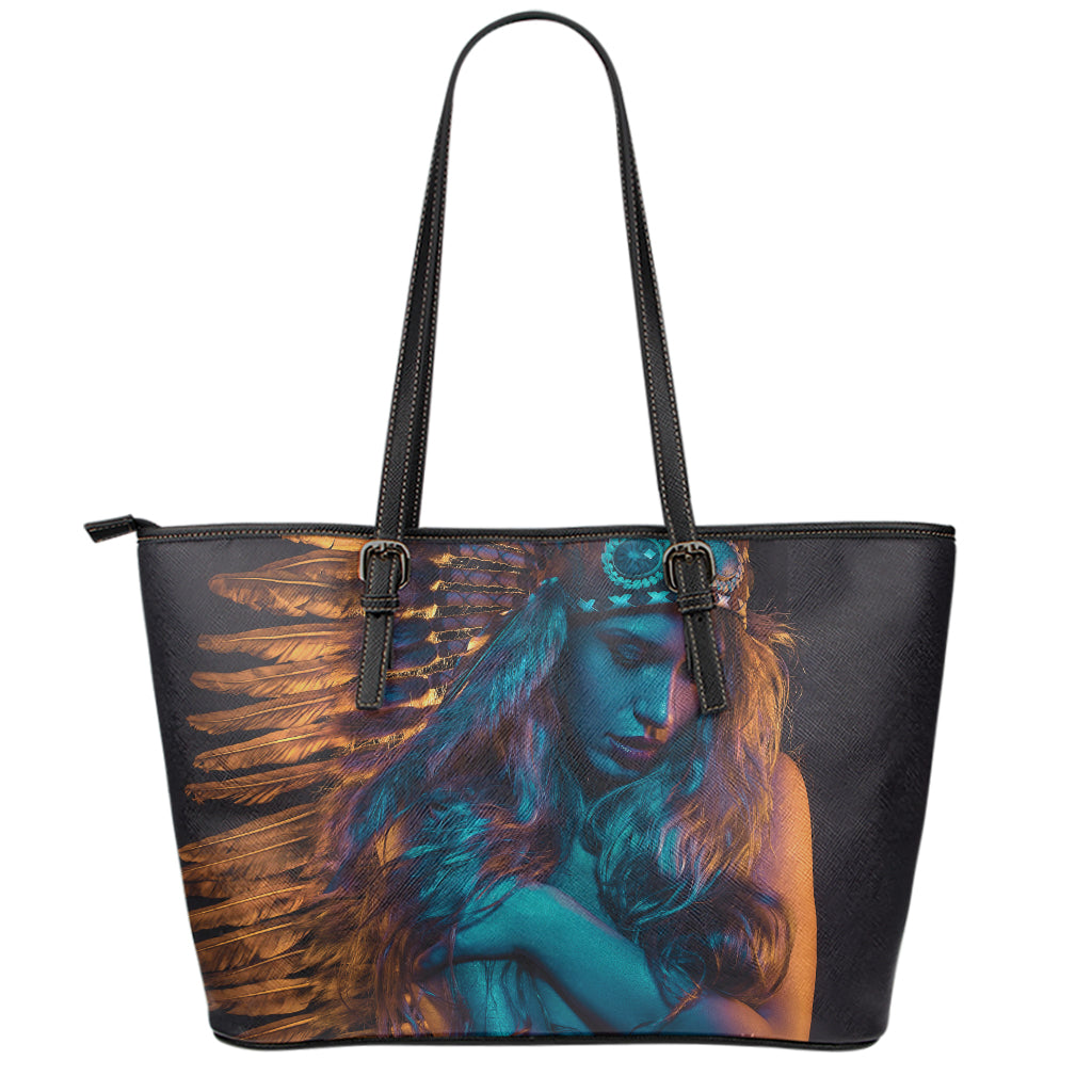 Native Indian Girl Portrait Print Leather Tote Bag