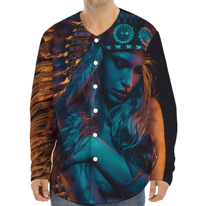 Native Indian Girl Portrait Print Long Sleeve Baseball Jersey