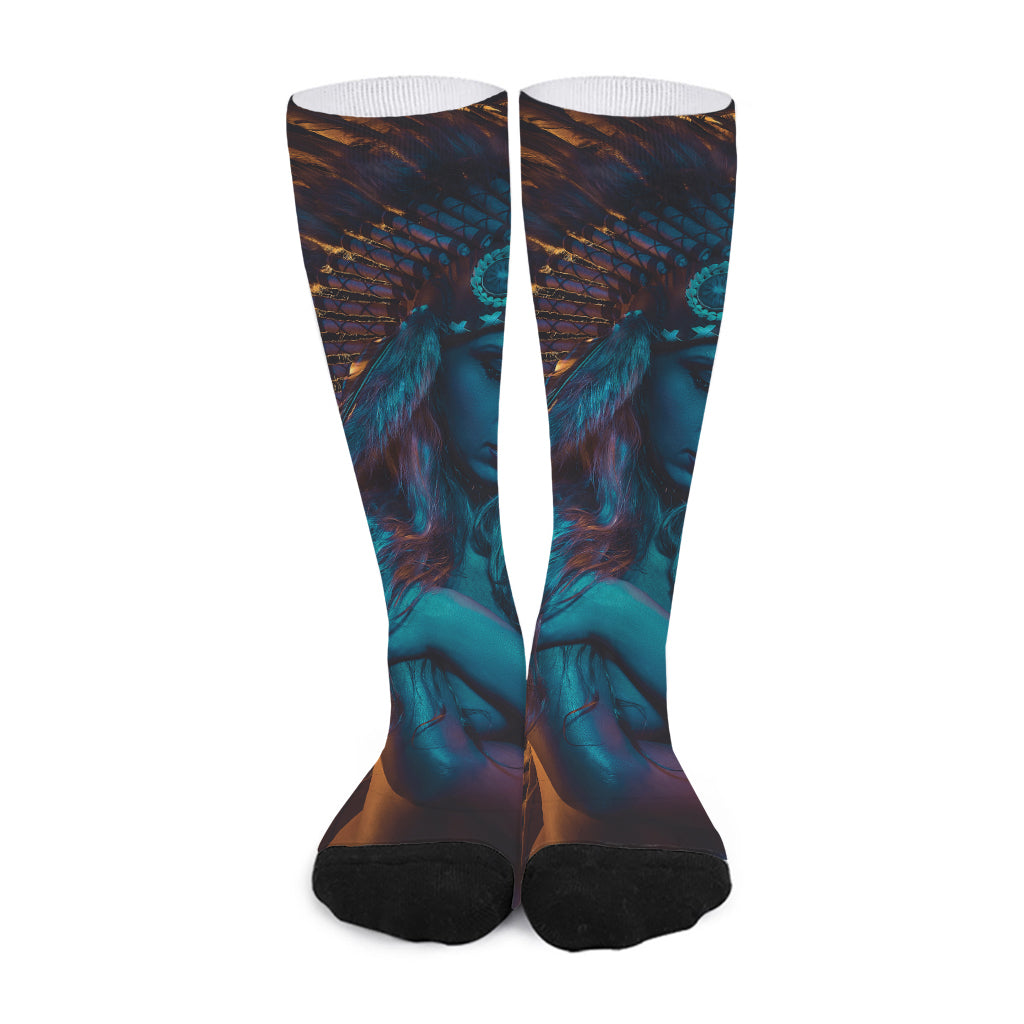 Native Indian Girl Portrait Print Long Socks