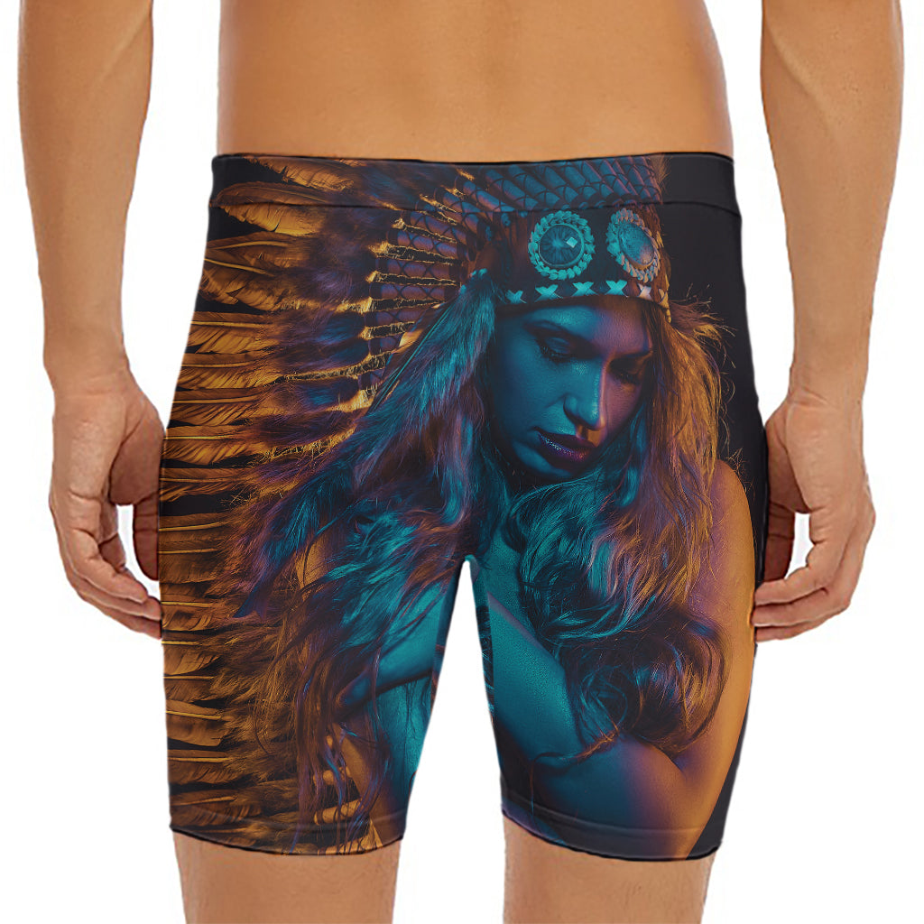 Native Indian Girl Portrait Print Men's Long Boxer Briefs