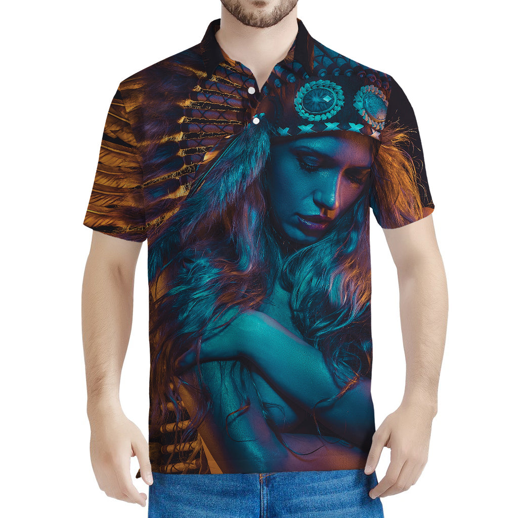 Native Indian Girl Portrait Print Men's Polo Shirt