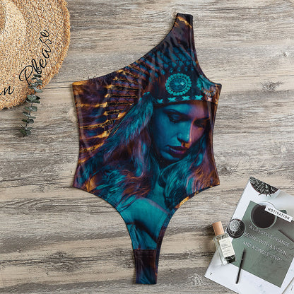 Native Indian Girl Portrait Print One Shoulder Bodysuit