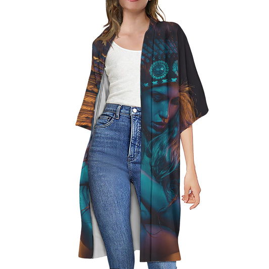 Native Indian Girl Portrait Print Open Front Beach Cover Up
