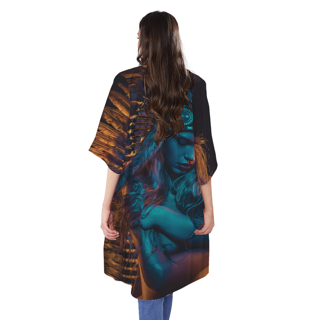 Native Indian Girl Portrait Print Open Front Beach Cover Up