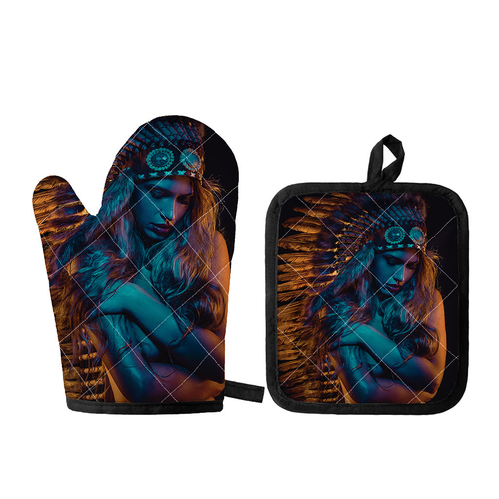 Native Indian Girl Portrait Print Oven Mitt And Pot Holder Set