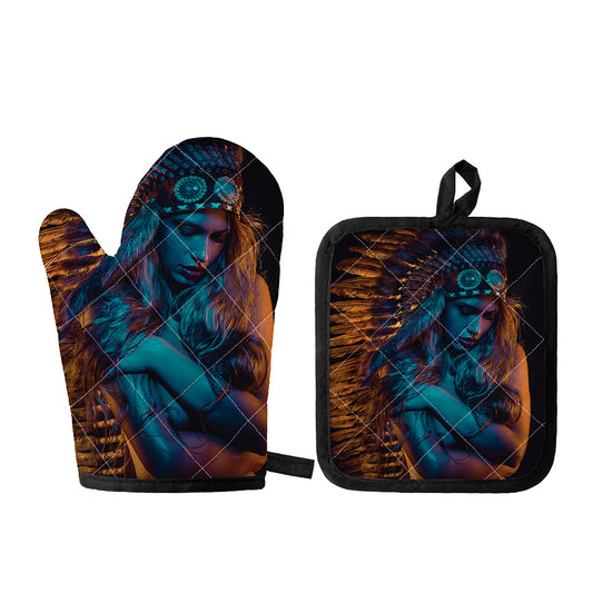 Native Indian Girl Portrait Print Oven Mitt And Pot Holder Set