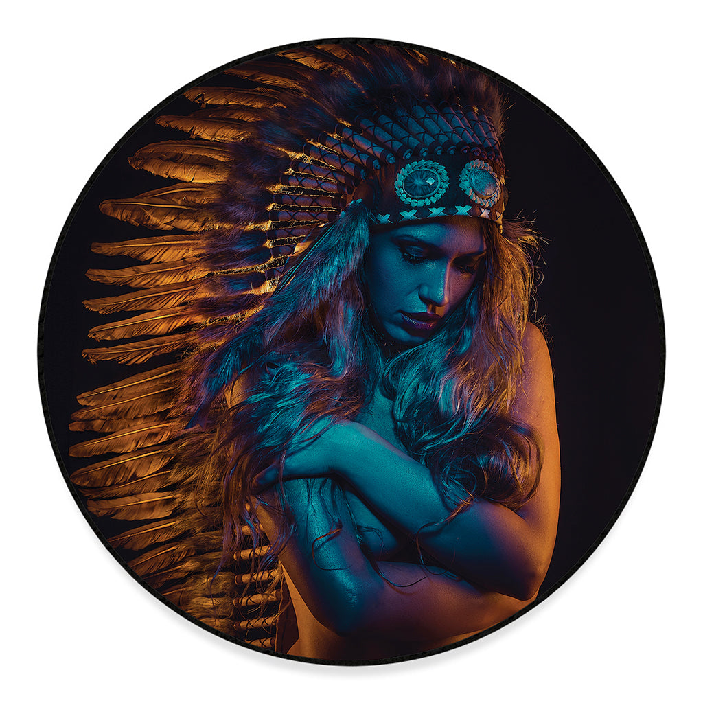 Native Indian Girl Portrait Print Round Floor Mat