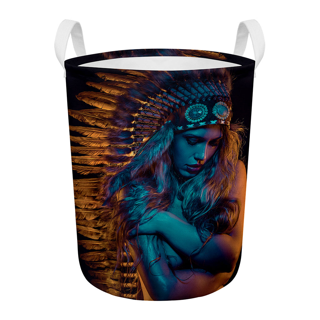 Native Indian Girl Portrait Print Round Laundry Basket
