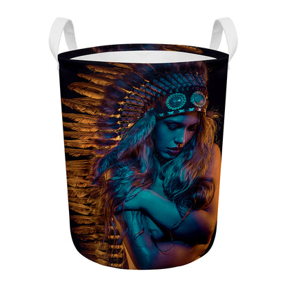 Native Indian Girl Portrait Print Round Laundry Basket
