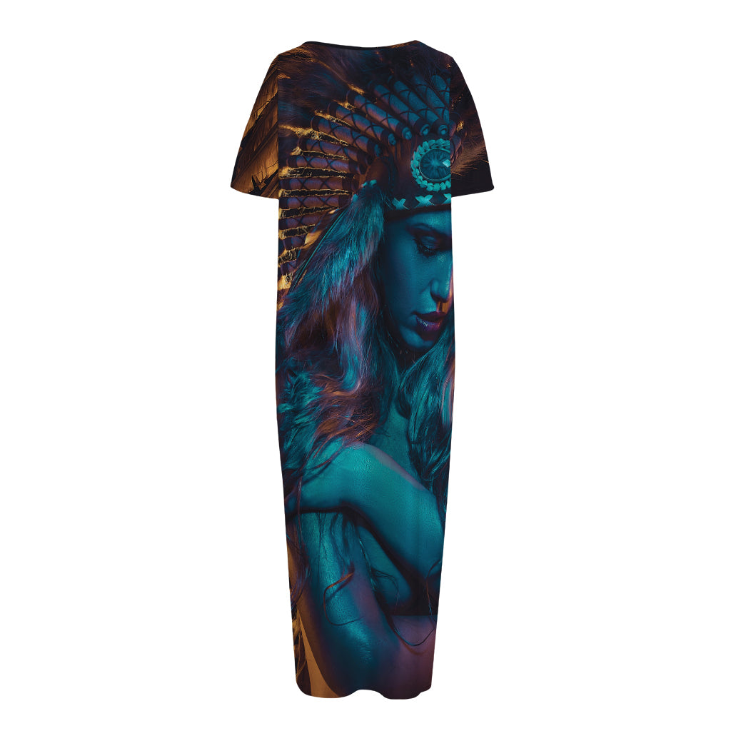 Native Indian Girl Portrait Print Short Sleeve Long Nightdress