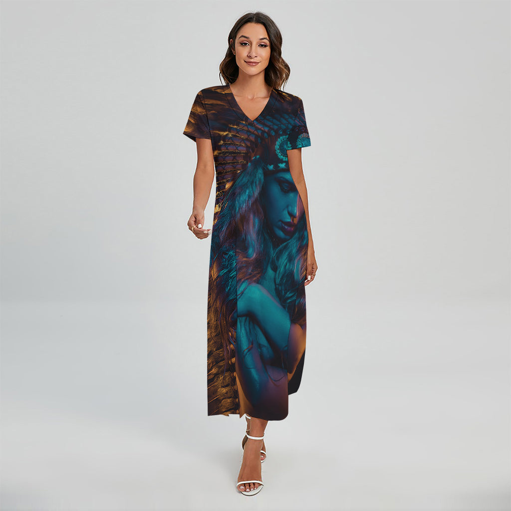 Native Indian Girl Portrait Print Short Sleeve Maxi Dress