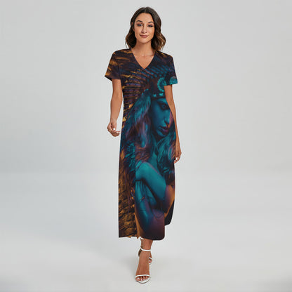 Native Indian Girl Portrait Print Short Sleeve Maxi Dress