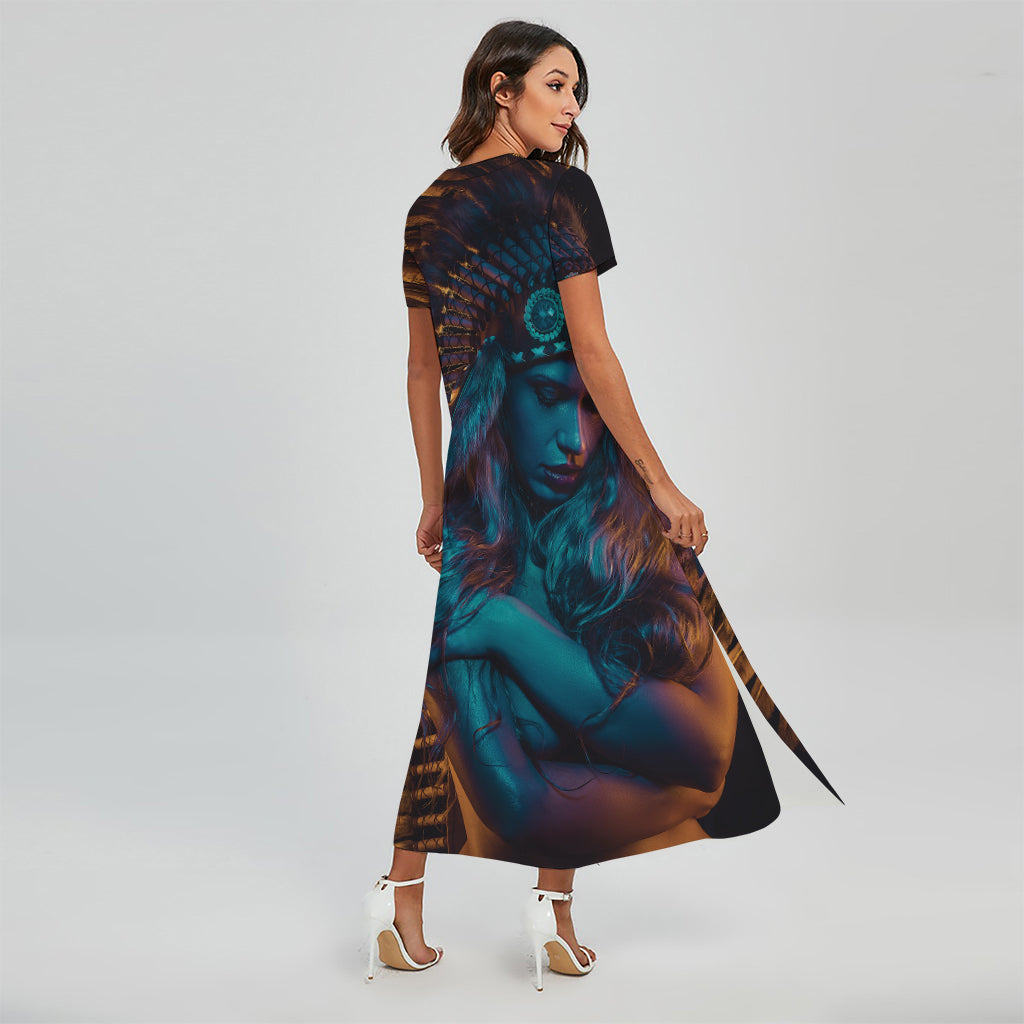 Native Indian Girl Portrait Print Short Sleeve Maxi Dress