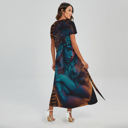 Native Indian Girl Portrait Print Short Sleeve Maxi Dress