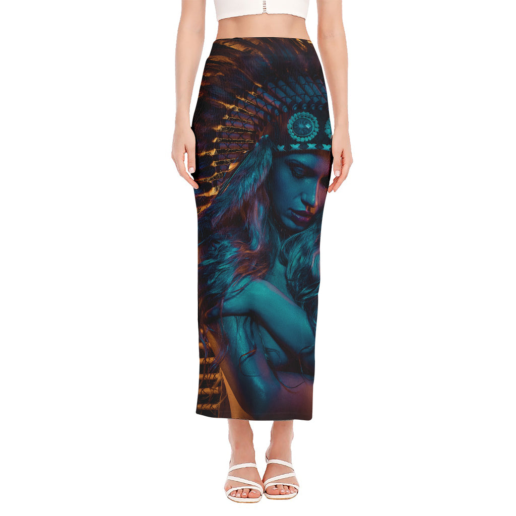 Native Indian Girl Portrait Print Side Slit Maxi Skirt