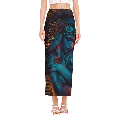 Native Indian Girl Portrait Print Side Slit Maxi Skirt