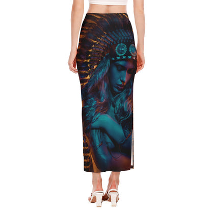 Native Indian Girl Portrait Print Side Slit Maxi Skirt