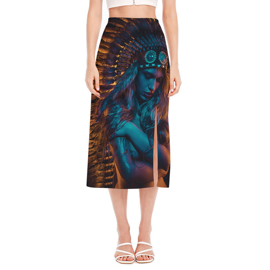 Native Indian Girl Portrait Print Side Slit Midi Skirt