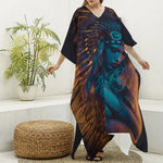 Native Indian Girl Portrait Print Silk V-Neck Kaftan Dress