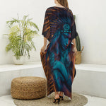 Native Indian Girl Portrait Print Silk V-Neck Kaftan Dress