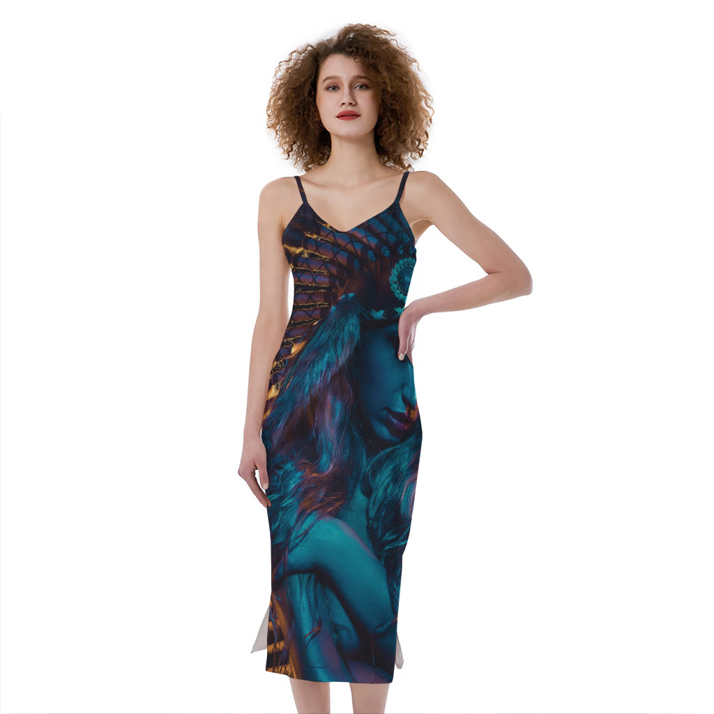 Native Indian Girl Portrait Print Slim Fit Midi Cami Dress