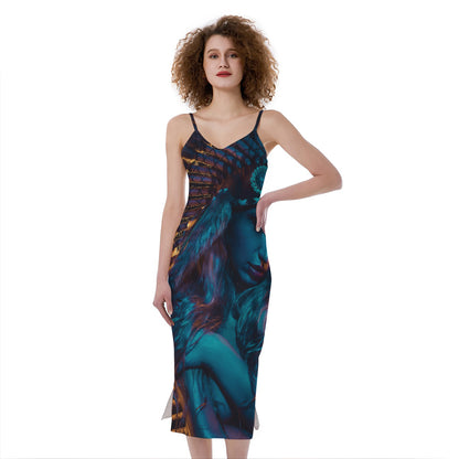 Native Indian Girl Portrait Print Slim Fit Midi Cami Dress