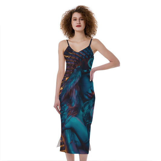 Native Indian Girl Portrait Print Slim Fit Midi Cami Dress