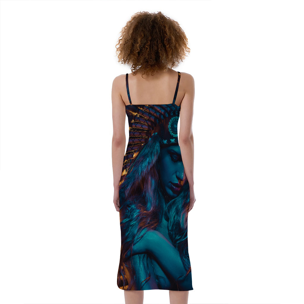 Native Indian Girl Portrait Print Slim Fit Midi Cami Dress