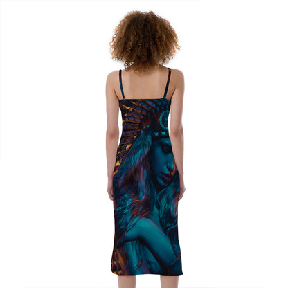 Native Indian Girl Portrait Print Slim Fit Midi Cami Dress