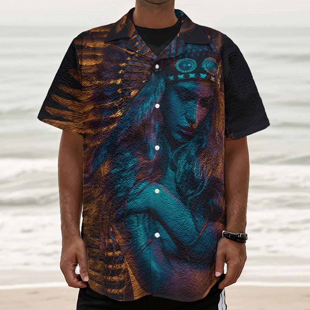 Native Indian Girl Portrait Print Textured Short Sleeve Shirt