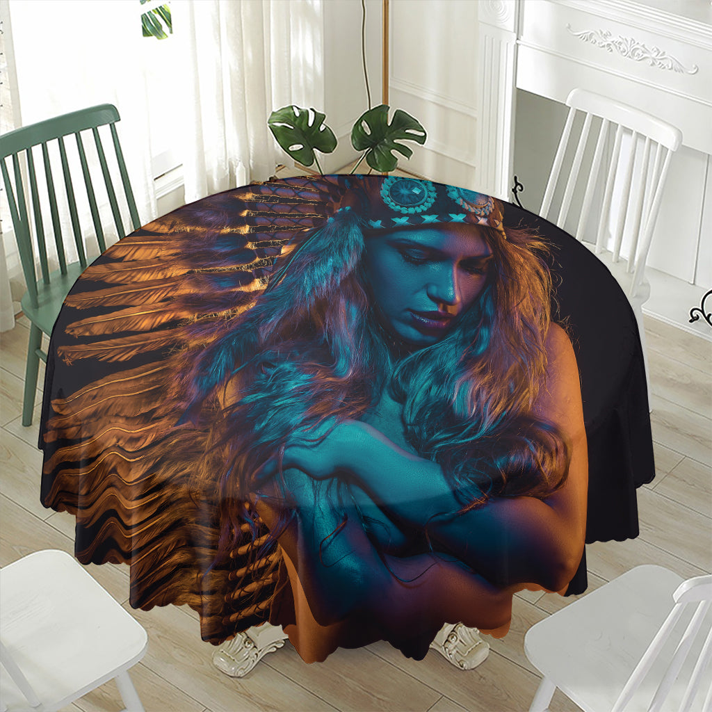 Native Indian Girl Portrait Print Waterproof Round Tablecloth