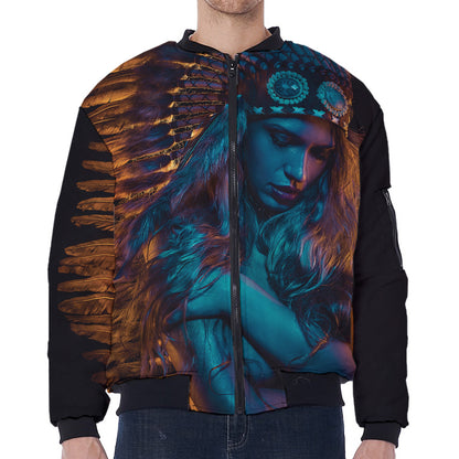 Native Indian Girl Portrait Print Zip Sleeve Bomber Jacket