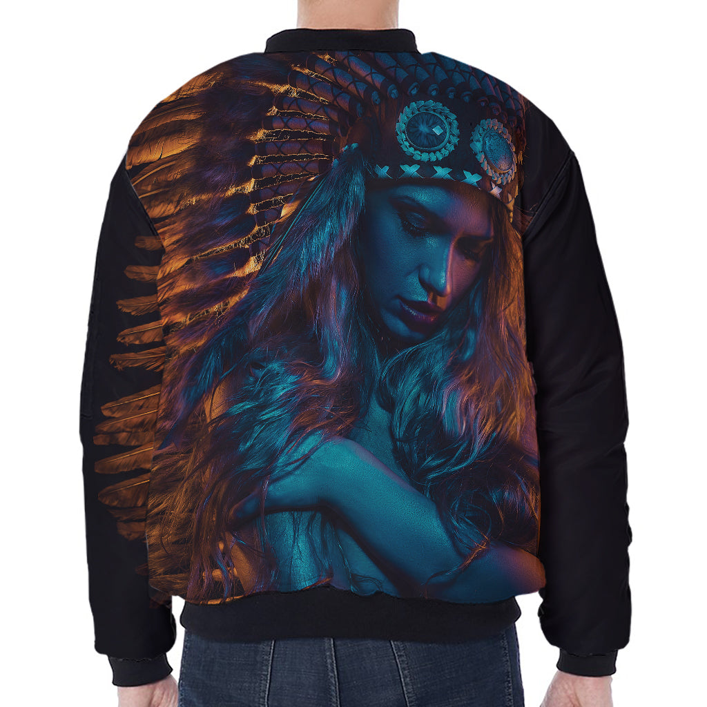 Native Indian Girl Portrait Print Zip Sleeve Bomber Jacket